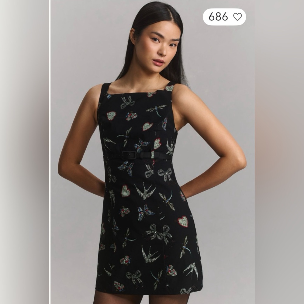 Maeve Black Floral Mini Dress w/grommet belt